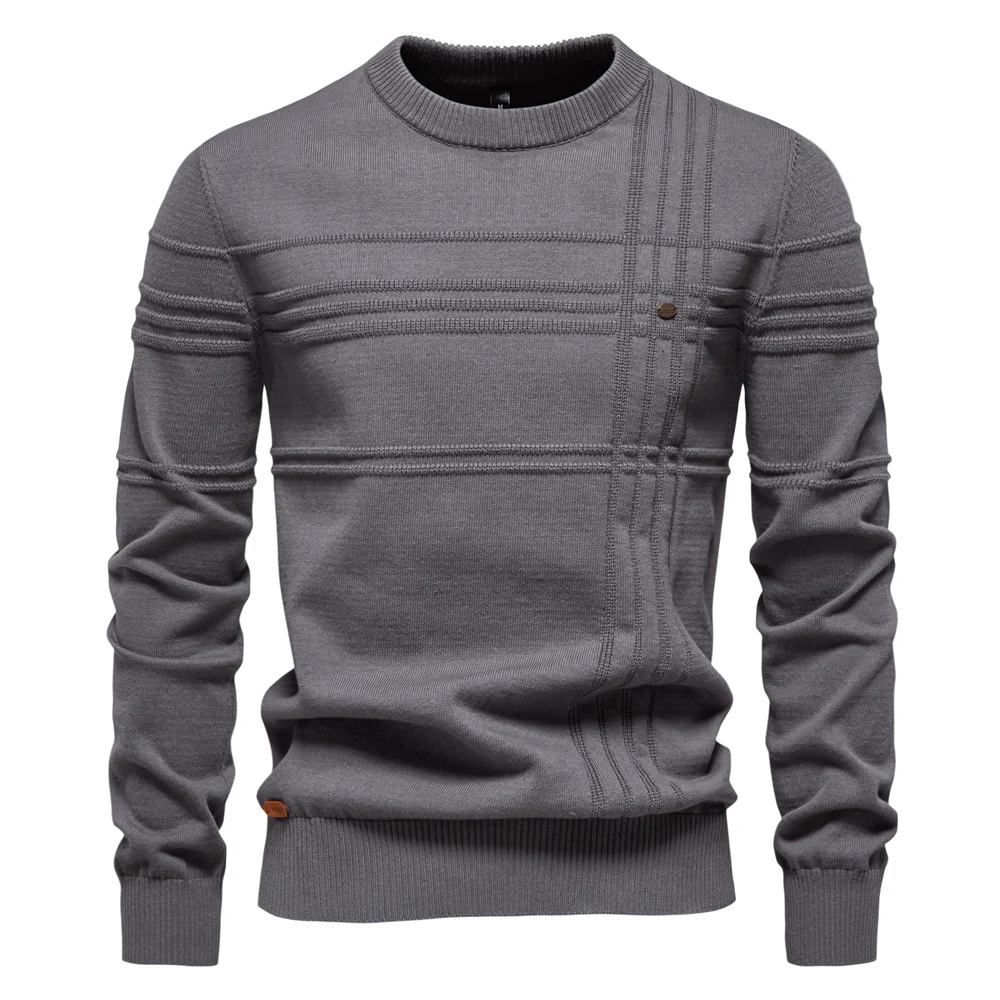 Mens Crewneck Pullover Sweater Knitted Cotton Stripped